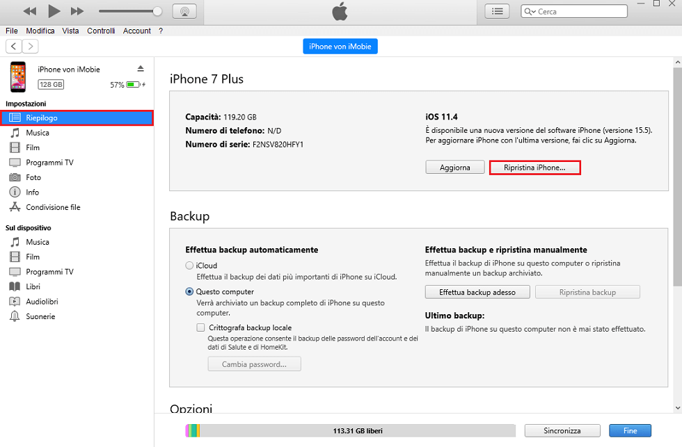 Ripristina iPhone tramite iTunes