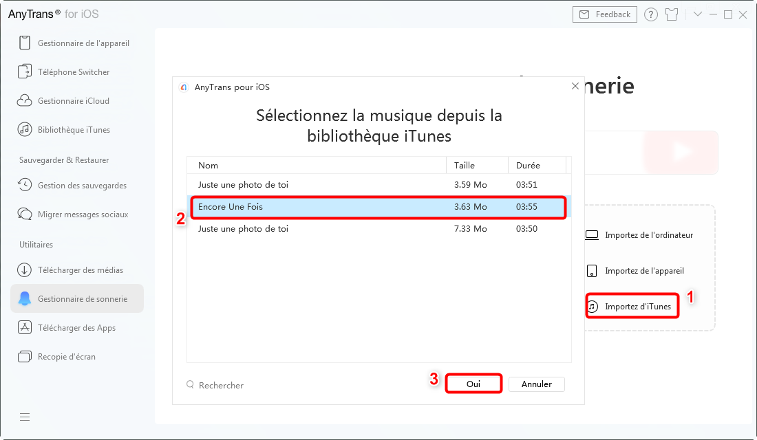 Sélectionner la musique depuis bibliothèque iTunes