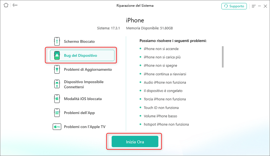 Seleziona "Bug del dispositivo"