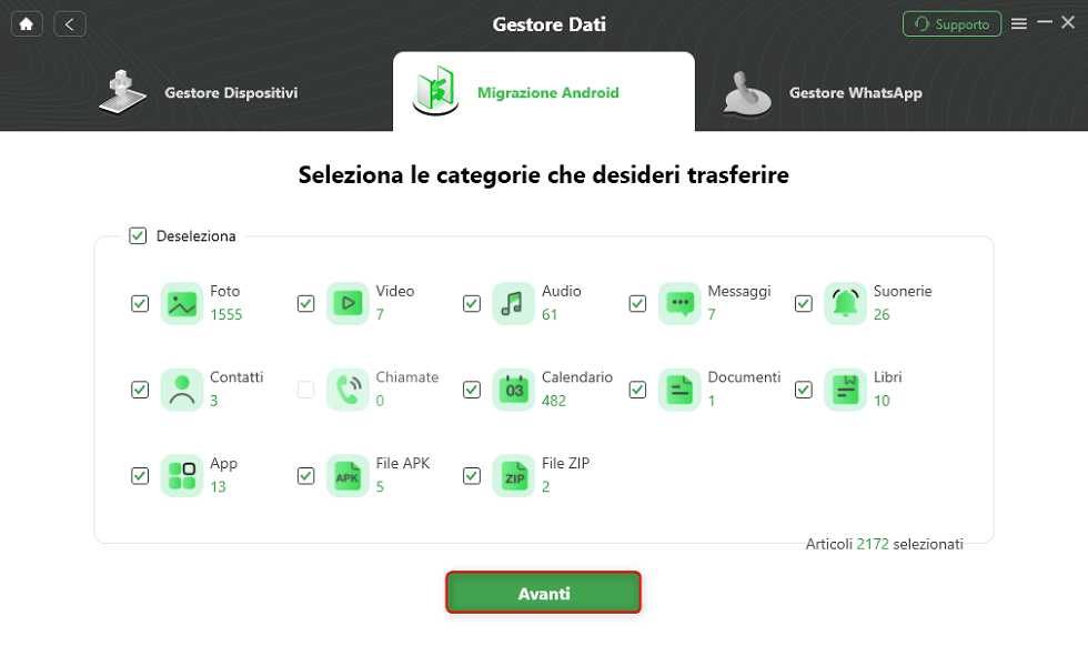 Seleziona il tipo di dati da trasferire