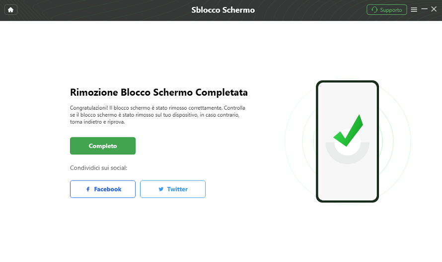 Rimozione blocco schermo completata