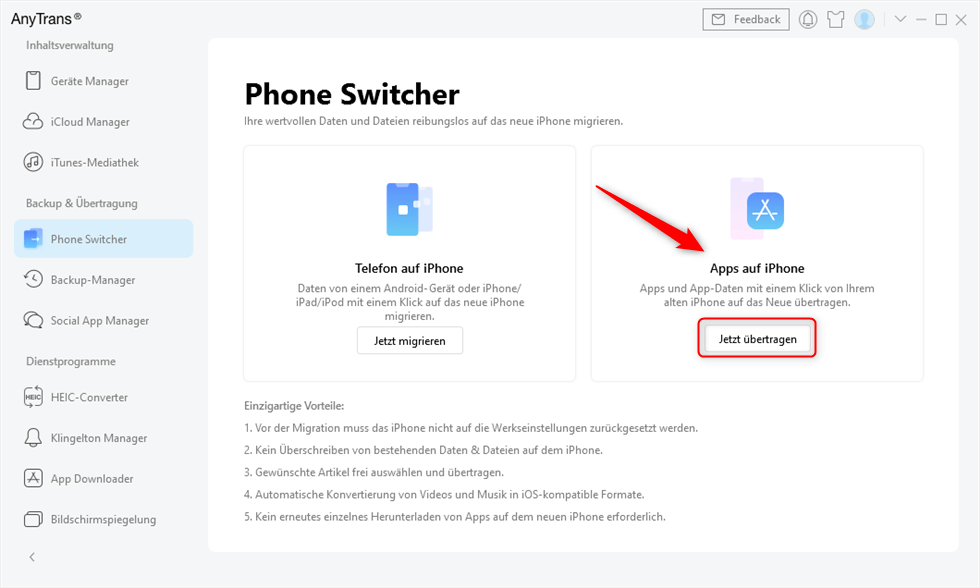 Unter Phone Switcher „Apps auf iPhone“ wählen